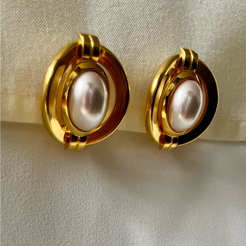 Gold Pearl Clip On Earrings - Picture 8 of 16